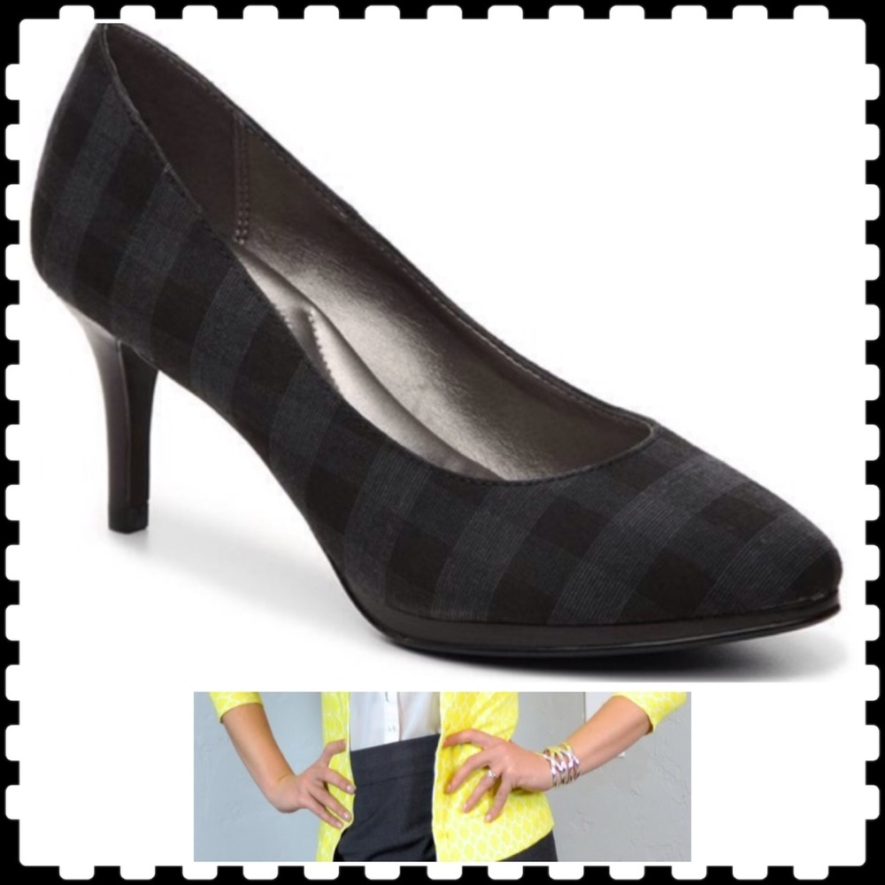 KELLY & KATIE ALMOND TOE GREY & BLACK PLAID PLATFORM HEELS - Picture 2 of 11